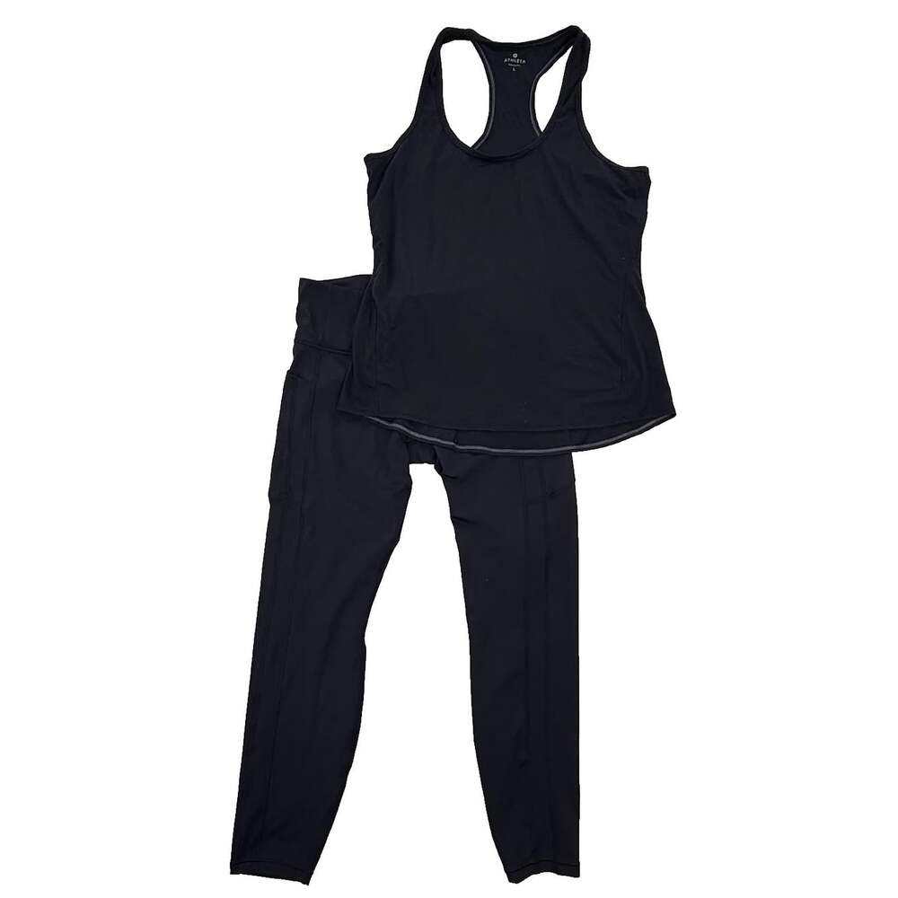 Athleta Workout Set Black Ultimate Stash Leggings Racerback Tank Top Size Large